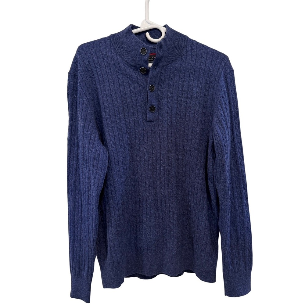 UNTUCKit La Frenz Blue 100% Cashmere Cable Knit Mock Neck Button Sweater Medium